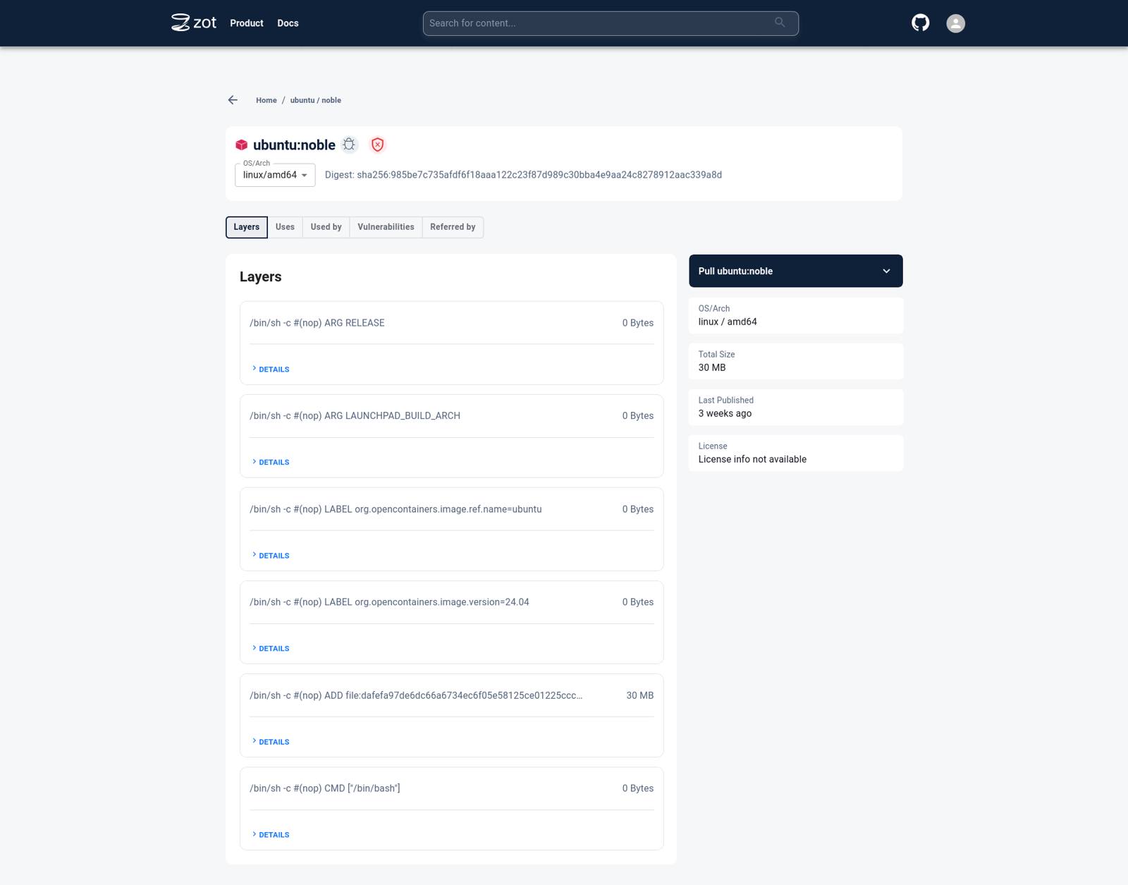Zot image tag details
